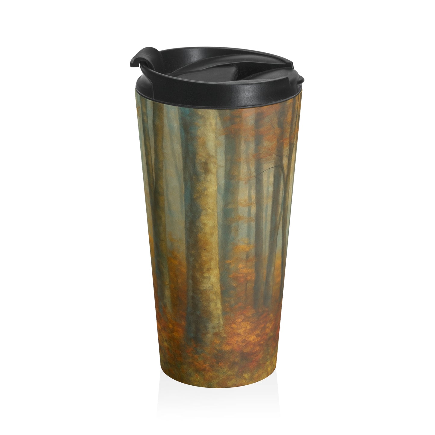Stainless steel travel mug with misty autumn forest and fall trees landscape design by Printify.