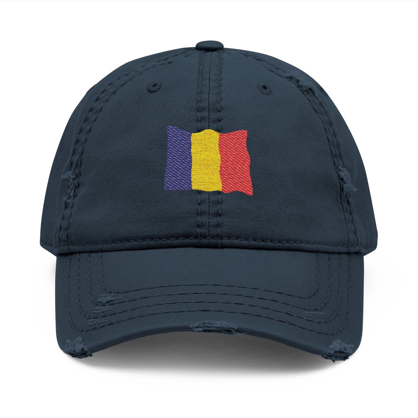 Distressed embroidered dad hat featuring Romanian flag patch, casual hat with distressed look and colorful national embroidery.