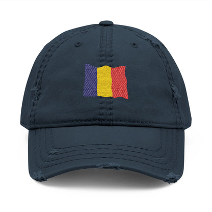 Distressed embroidered dad hat featuring Romanian flag patch, casual hat with distressed look and colorful national embroidery.