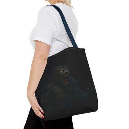 Werewolf tote bag featuring dark Halloween art, ideal for horror fans, made by Printify, showcasing the spooky design on the bag.