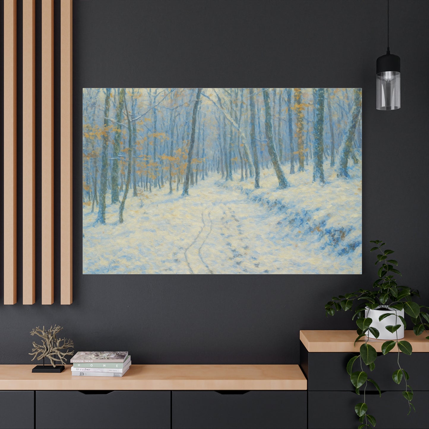 Winter woodland canvas print featuring a snowy forest scene on matte stretched wall art by Printify.