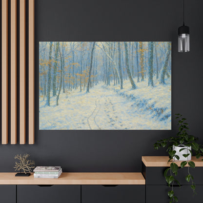 Winter woodland canvas print featuring a snowy forest scene on matte stretched wall art by Printify.