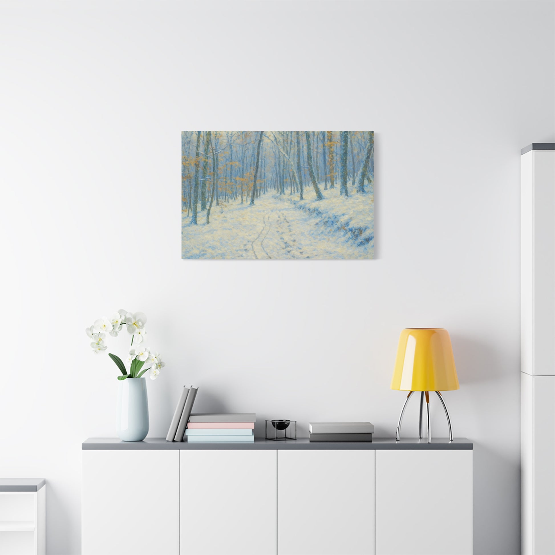 Winter woodland canvas print by Printify featuring a snowy forest scene on matte stretched wall art.