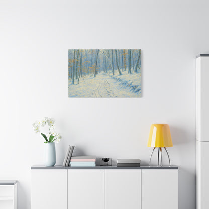Winter woodland canvas print by Printify featuring a snowy forest scene on matte stretched wall art.