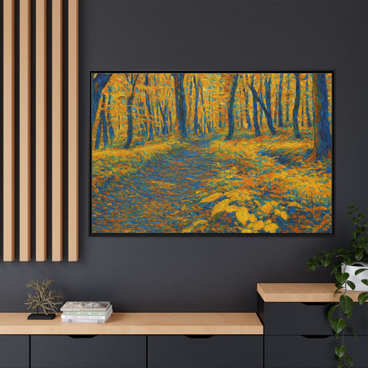 Van Gogh-style autumn canvas art framed decor by Printify, featuring vibrant fall leaves and nature-inspired artwork.