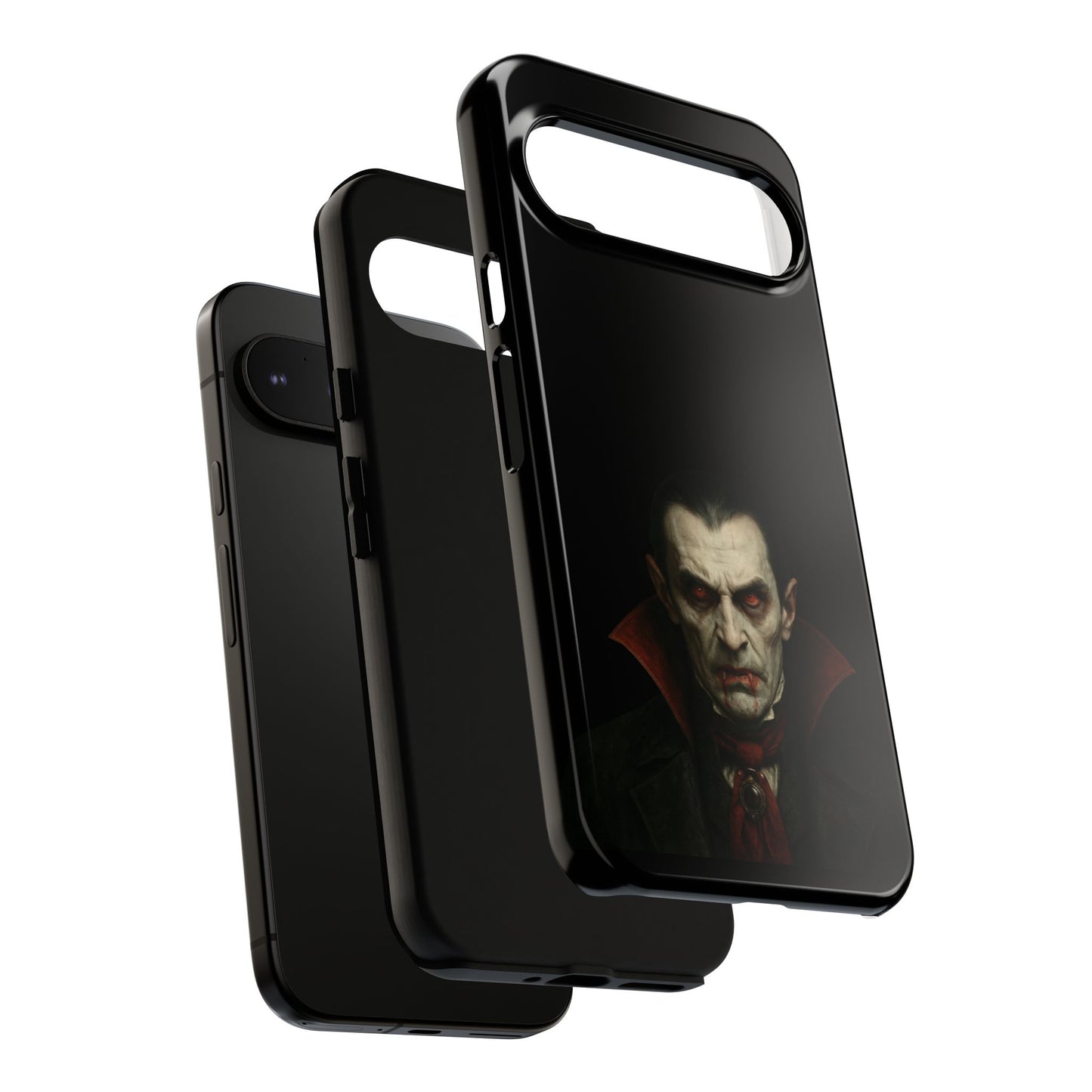 Gothic vampire portrait phone case for iPhone featuring Dracula horror design, durable Printify iPhone cover with spooky artwork.