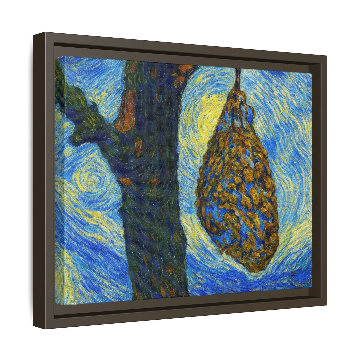 Framed matte canvas art of a starry nut cluster with dried plum in a tree, by Printify, showcasing detailed natural scenery.