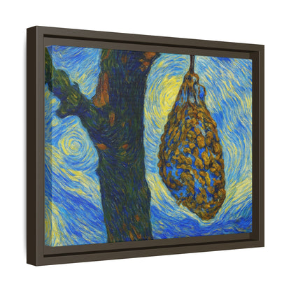 Framed matte canvas art of a starry nut cluster with dried plum in a tree, by Printify, showcasing detailed natural scenery.