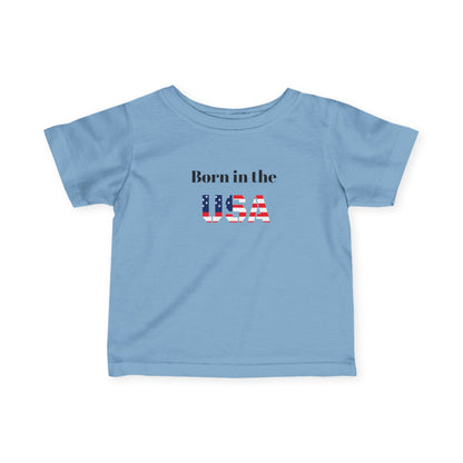 Baby's patriotic infant tee shirt with "Born in the USA" print, soft cotton kids clothes by Printify, suitable for patriotic baby outfits.
