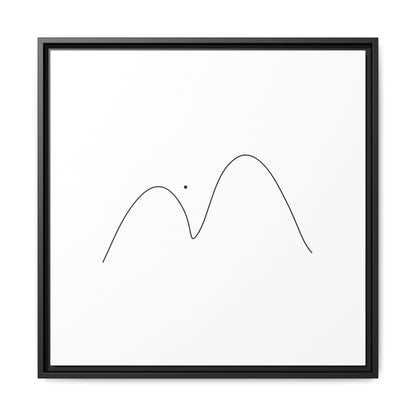 Framed matte canvas print featuring minimalist mountain line art by Printify, showcasing simple black mountain outlines on white background.