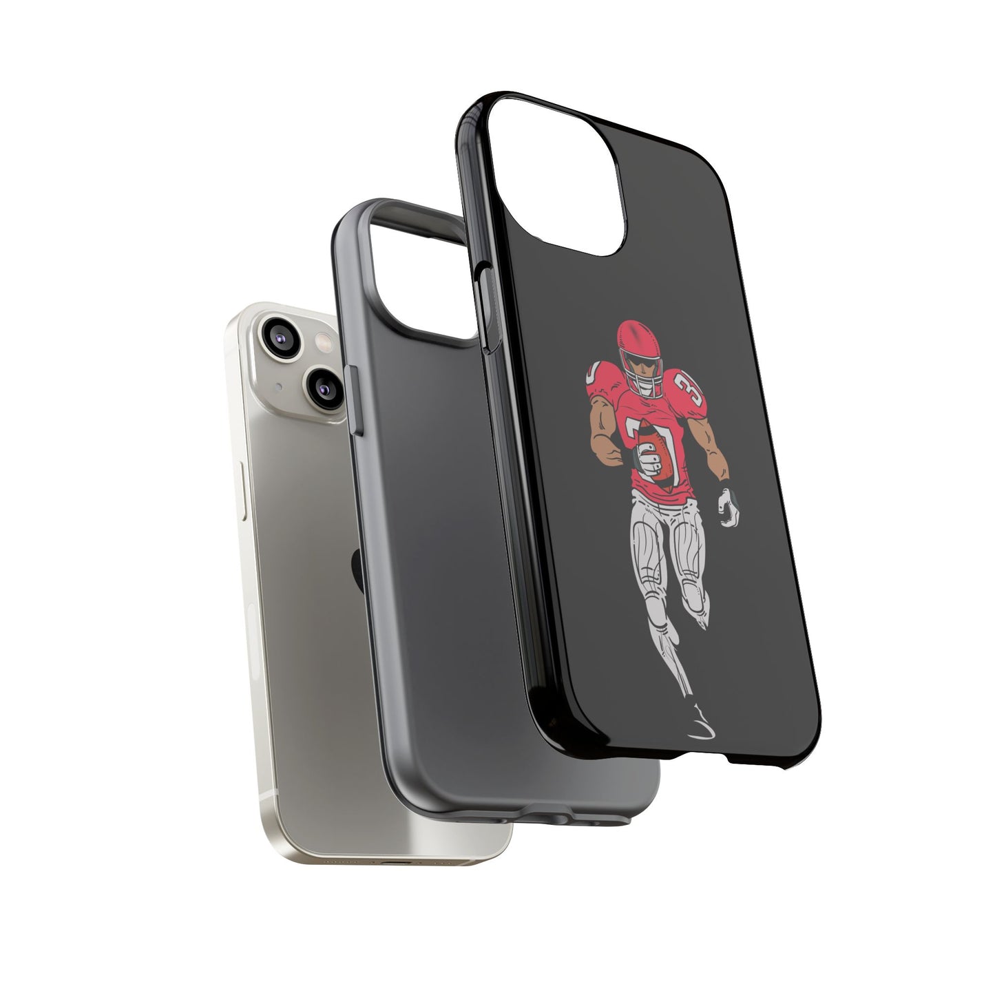 Black football player tough phone case for iPhone, protective sports-themed design by Printify.
