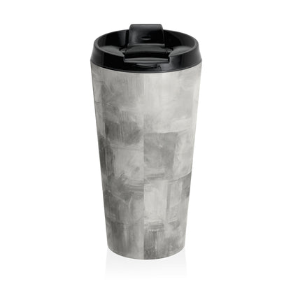 Gray marble travel mug with monogram initials, personalized stainless steel tumbler for on-the-go use.