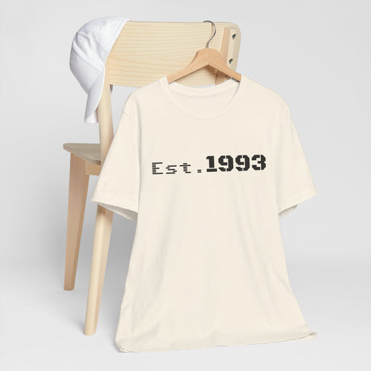 Vintage 1993 Est. T-Shirt by Printify featuring a classic born in 1993 design on a comfortable cotton tee.