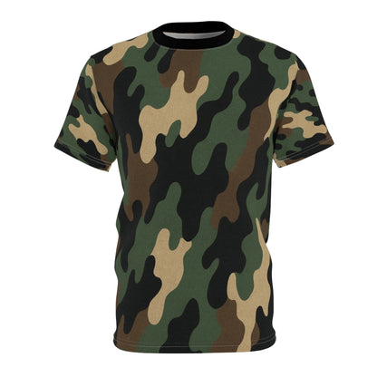 Printify woodland camouflage all-over print tee featuring classic woodland camouflage pattern on a casual shirt.