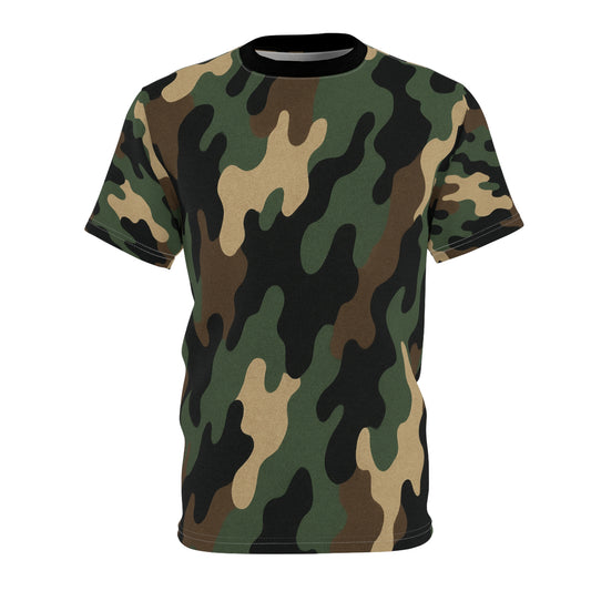 Printify woodland camouflage all-over print tee featuring classic woodland camouflage pattern on a casual shirt.