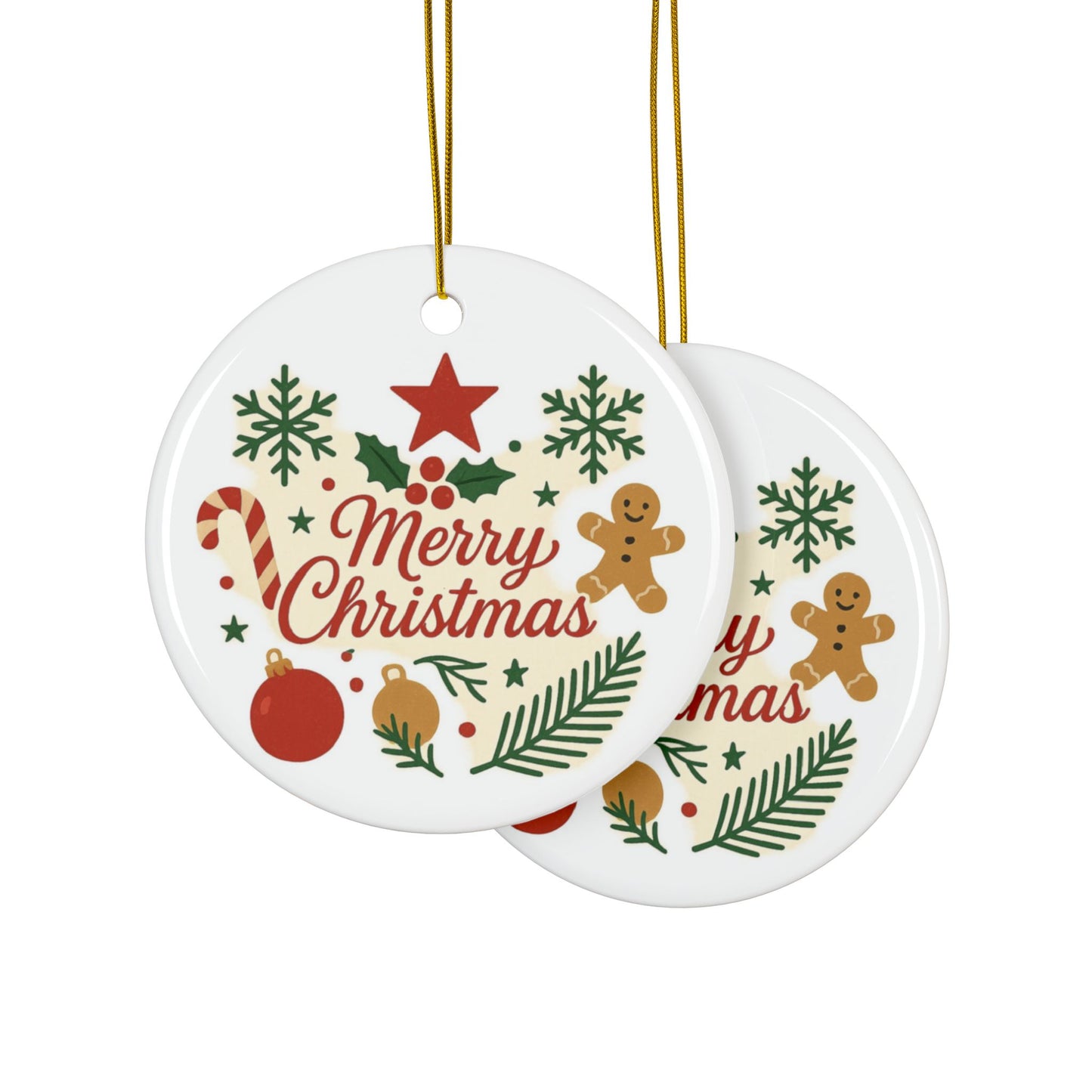 Double-sided ceramic Christmas ornament featuring gingerbread and candy cane designs for holiday tree decoration.