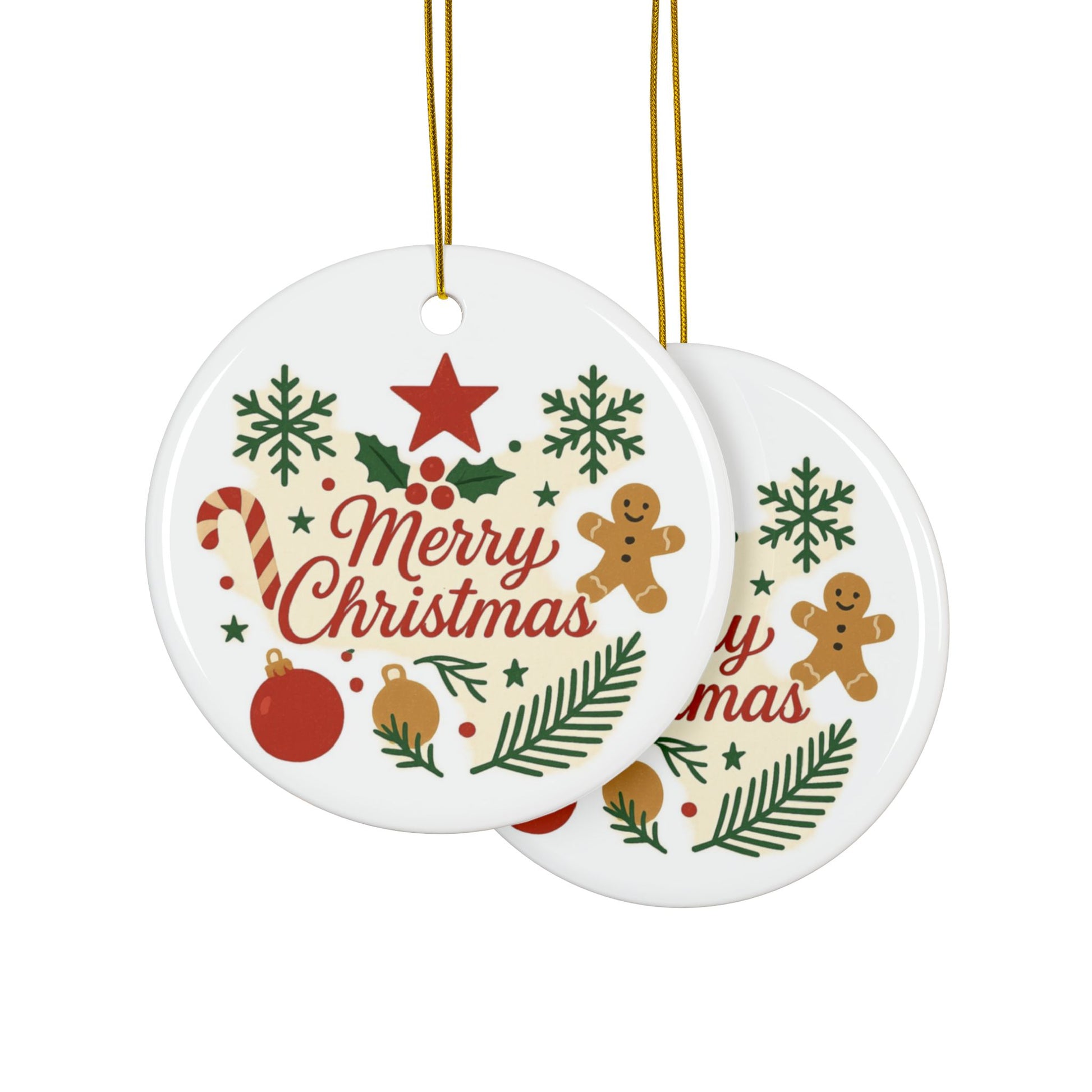 Double-sided ceramic Christmas ornament featuring gingerbread and candy cane designs for holiday tree decoration.