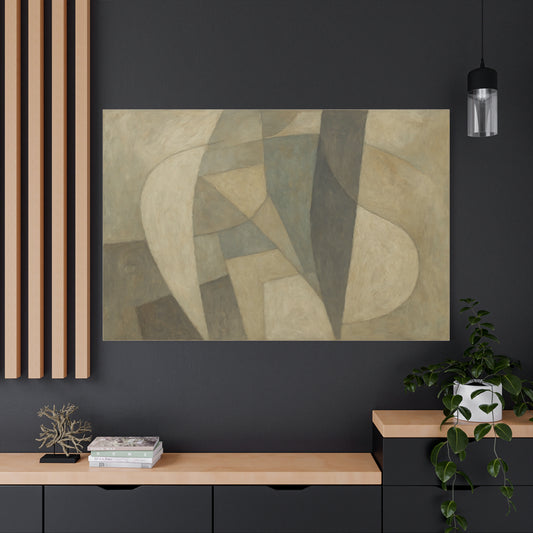 Abstract neutral geometric shapes on matte canvas by Printify, featuring modern design with beige and gray tones.
