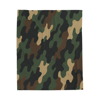 Camouflage velveteen plush blanket with all-over camo print, perfect for camping, hunting, or cozy home use, by Printify.