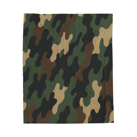 Camouflage velveteen plush blanket with all-over camo print, perfect for camping, hunting, or cozy home use, by Printify.