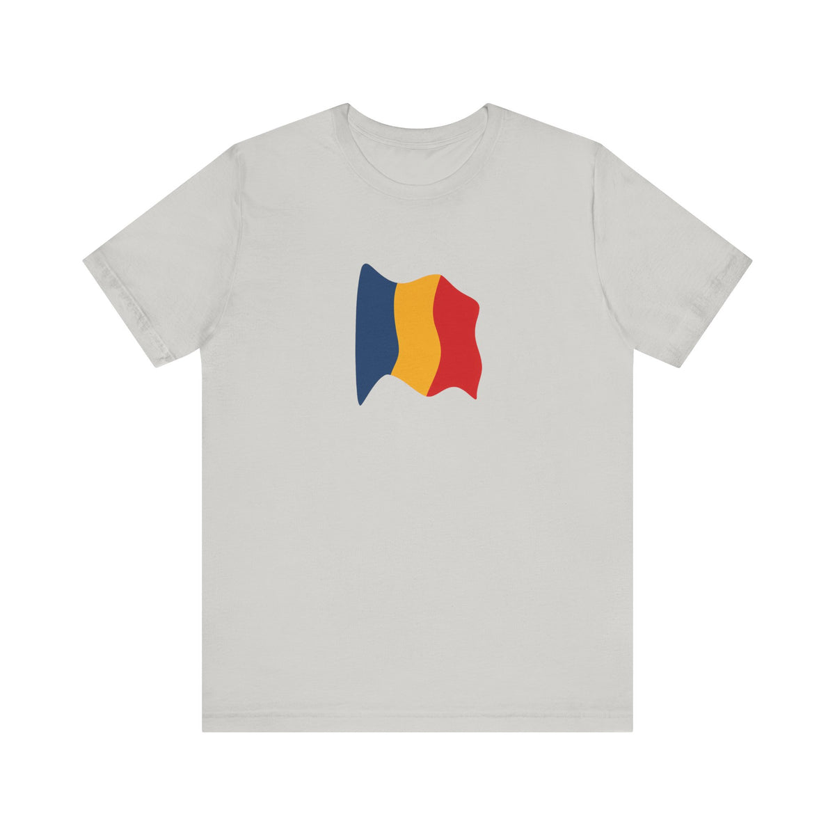 Romania flag T-shirt by Printify featuring a minimal waving tricolor design, casual cotton tee for patriotic style.