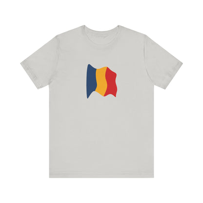 Romania flag T-shirt by Printify featuring a minimal waving tricolor design, casual cotton tee for patriotic style.