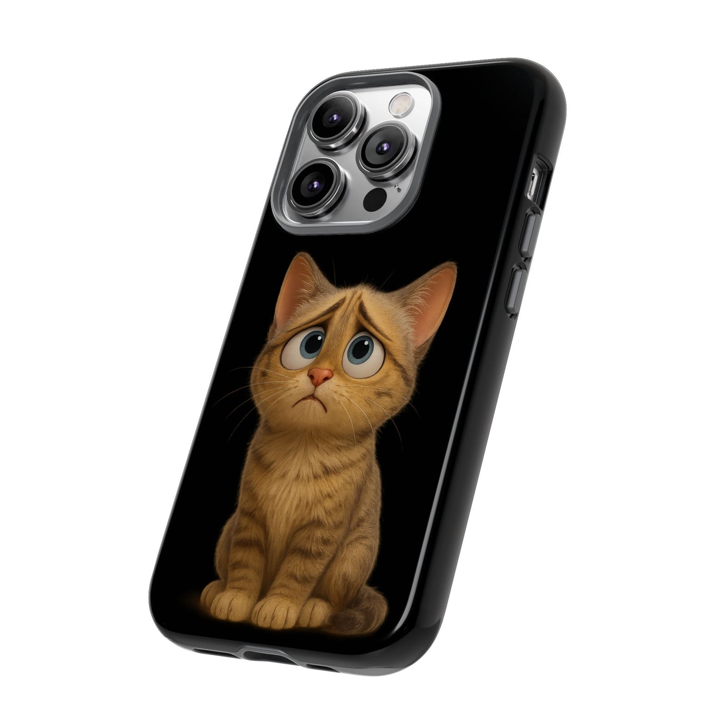 Cute sad kitty print phone case for iPhone, protective and stylish, featuring a sad kitten design by Printify.
