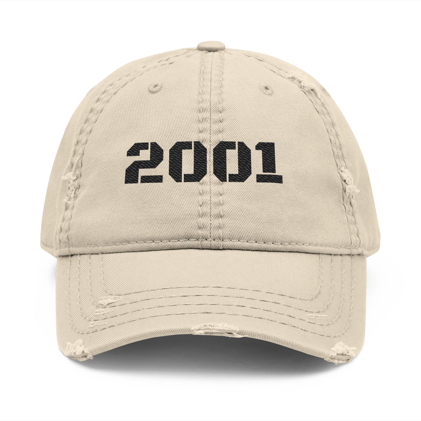 Distressed embroidered '2001' vintage washed baseball cap by Printify, showcasing a classic dad hat style with embroidered detail.