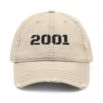 Distressed embroidered '2001' vintage washed baseball cap by Printify, showcasing a classic dad hat style with embroidered detail.