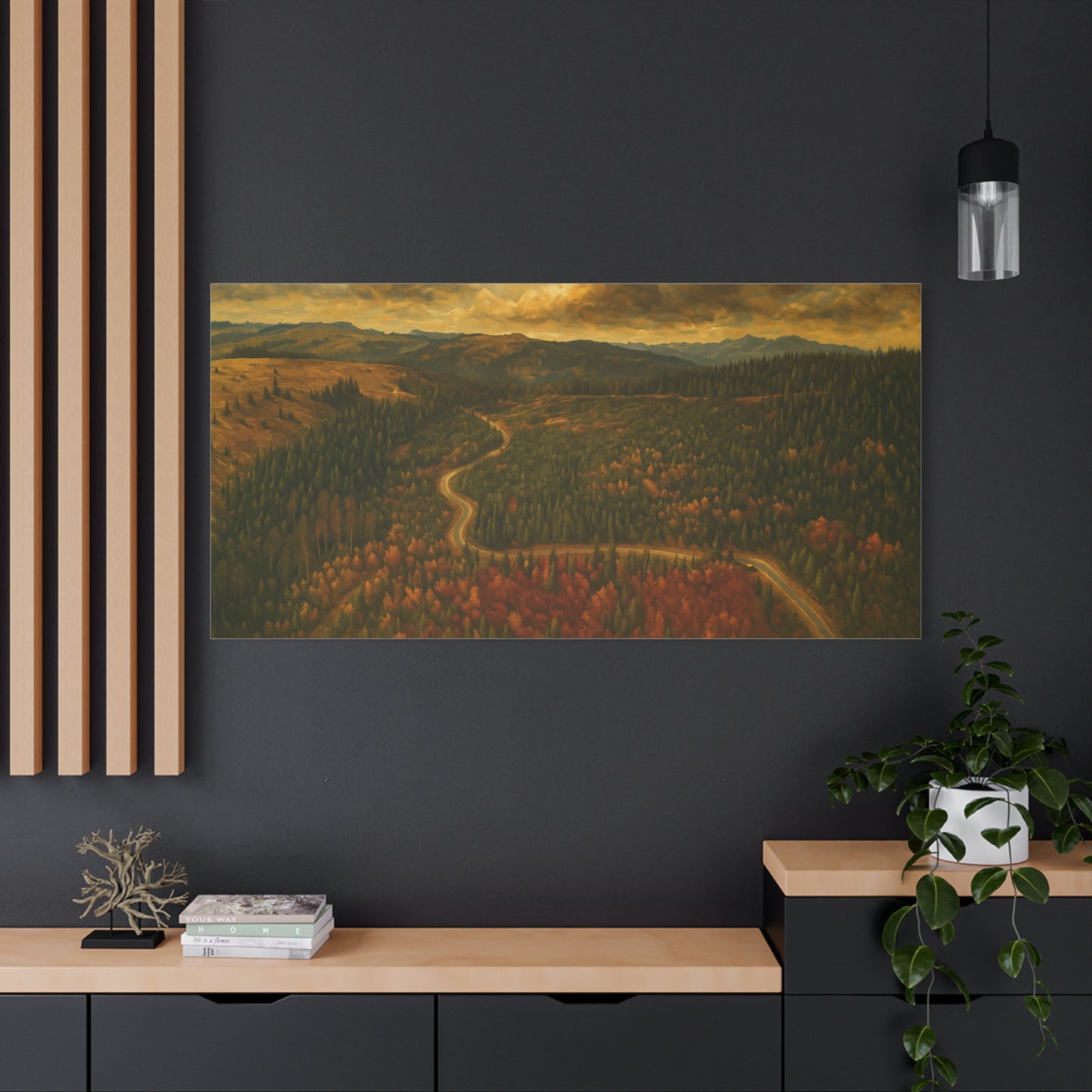 Autumn Ridge Road matte stretched canvas featuring a moody forest landscape wall art by Printify.