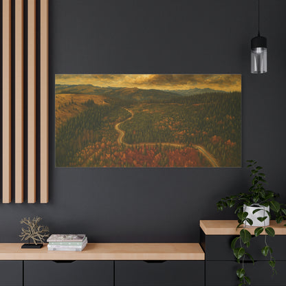 Autumn Ridge Road matte stretched canvas featuring a moody forest landscape wall art by Printify.
