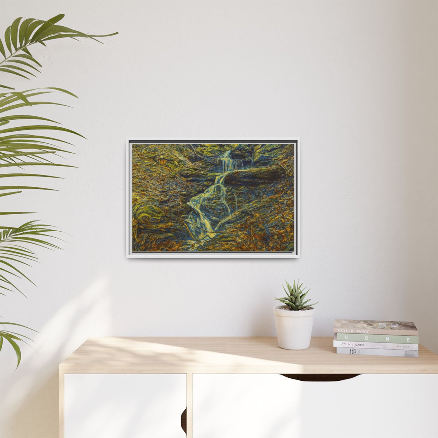 Framed matte canvas wall art featuring a scenic autumn forest with a waterfall, designed by Printify.