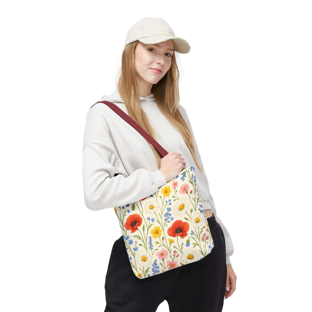 Wildflower Poppy print tote bag by Printify featuring a vibrant floral all-over pattern on durable fabric.