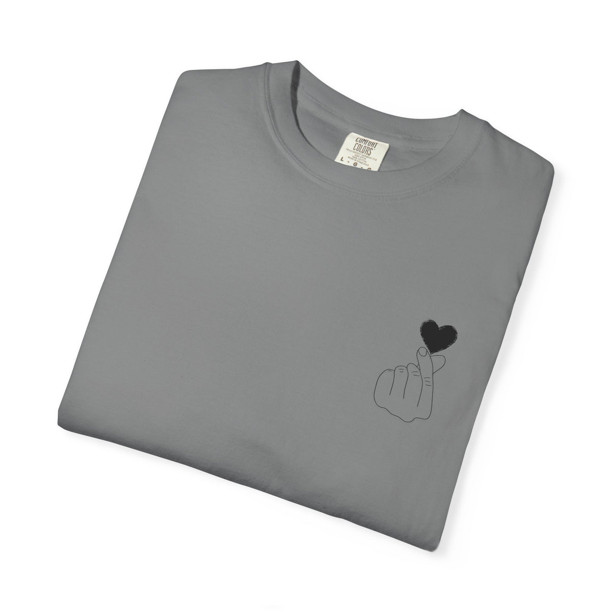 Black T-shirt by Printify featuring a minimal white finger heart graphic on the front.