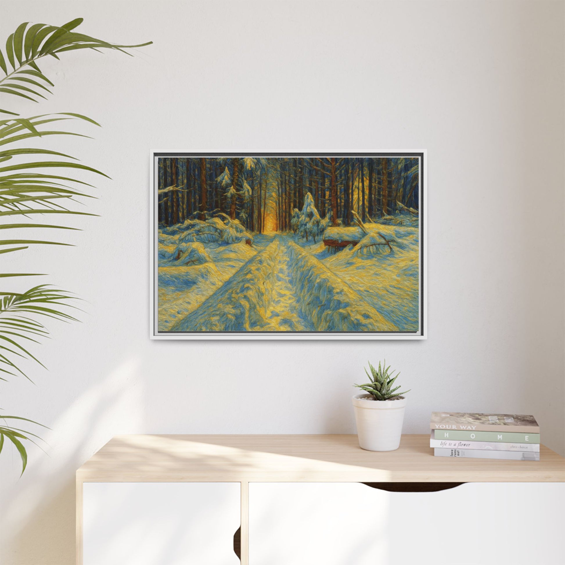Framed matte canvas print of a snowy forest path at sunset, wall art by Printify showcasing winter landscape scenery.