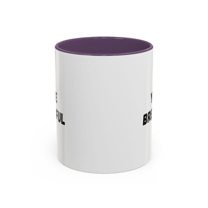 You’re Brew-tiful Coffee Mug – Cute Coffee Pun Accent Mug (11/15oz) — white ceramic accent mug with glossy finish and bold black “YOU’RE BREW-TIFUL” print, detail view