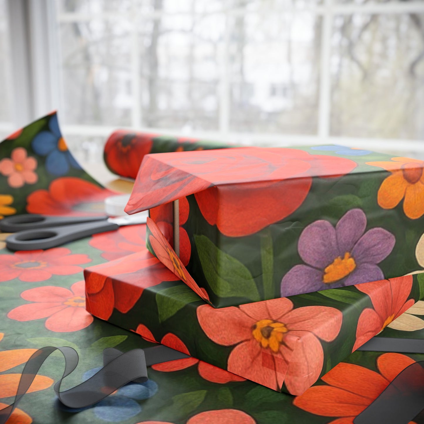Floral Folk Art Wrapping Paper Roll — Bright Vintage Flower Gift Wrap