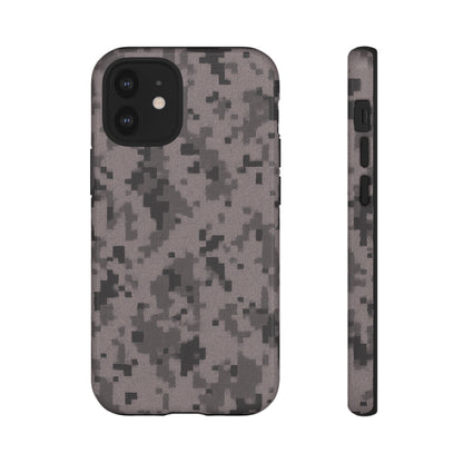 Gray digital camouflage phone case by Printify, tough protective cover for smartphones with a rugged camo design.