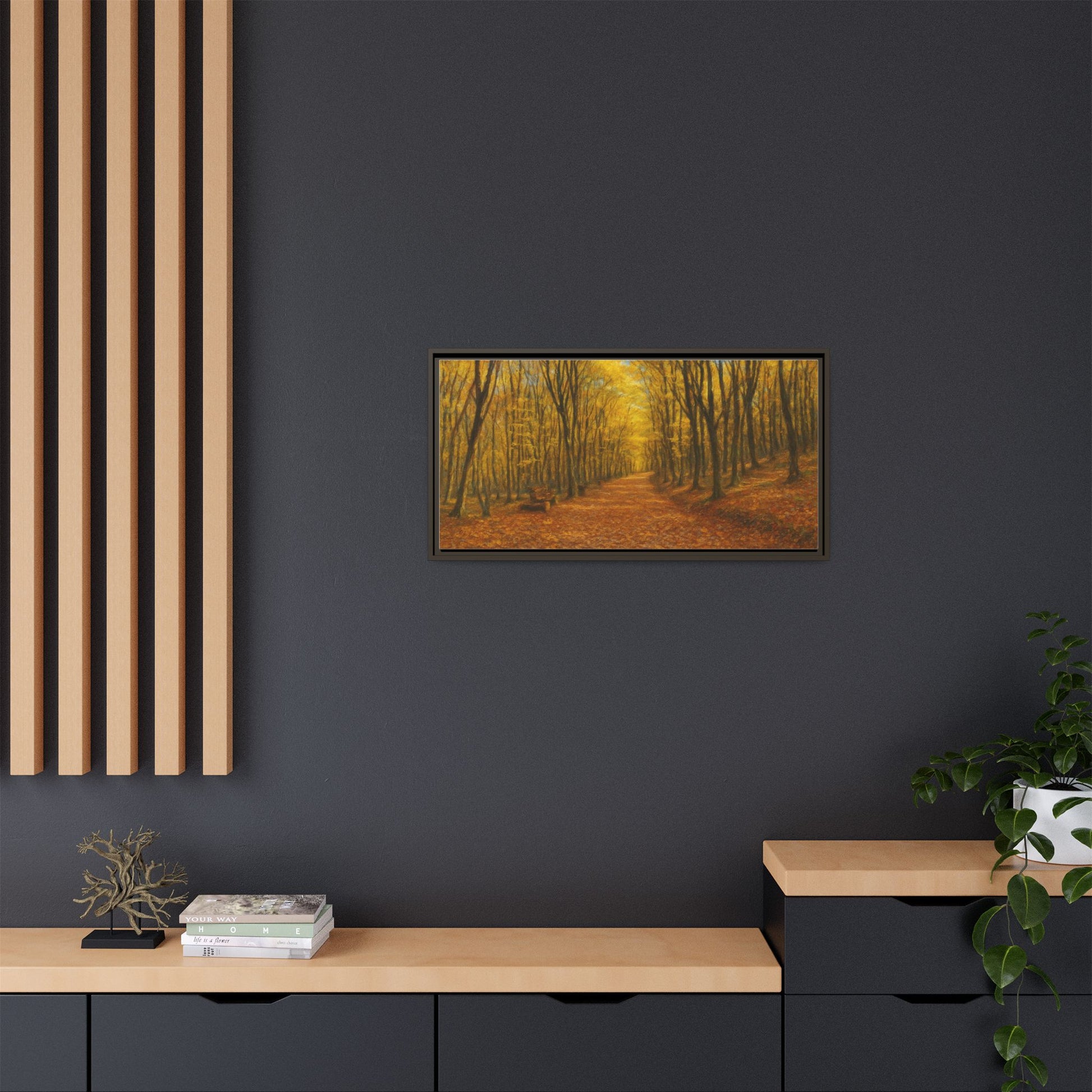 Autumn forest path matte canvas wall art by Printify, featuring a scenic forest trail with colorful fall foliage and framed display.