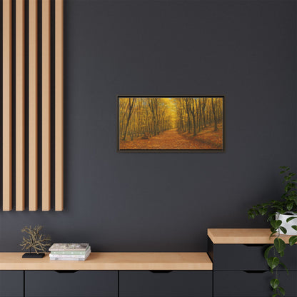 Autumn forest path matte canvas wall art by Printify, featuring a scenic forest trail with colorful fall foliage and framed display.