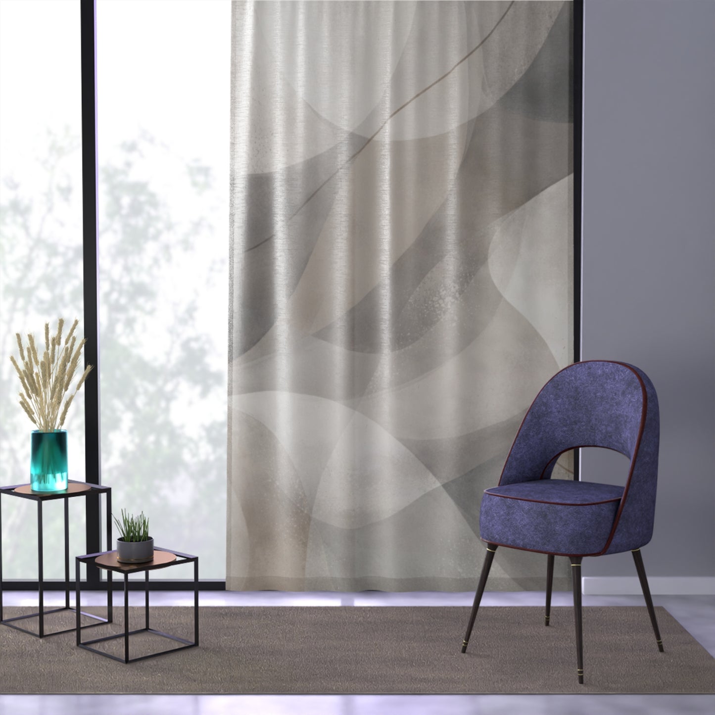Abstract Neutral Waves Window Curtain | Sheer Geometric Drapery