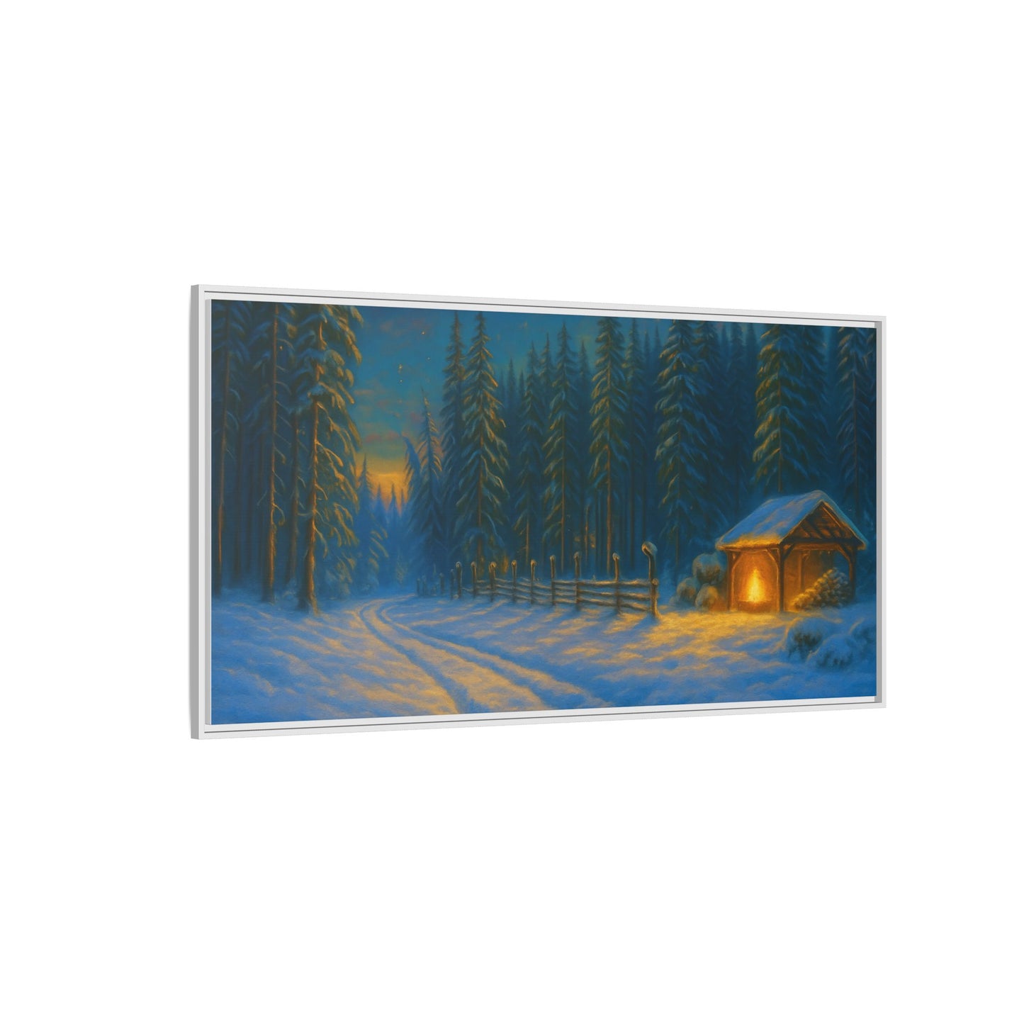 Cozy winter cabin wall art on canvas featuring a snowy forest evening scene, framed in matte for rustic home decor.