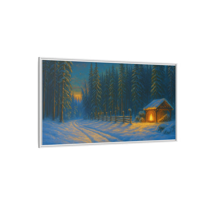 Cozy winter cabin wall art on canvas featuring a snowy forest evening scene, framed in matte for rustic home decor.