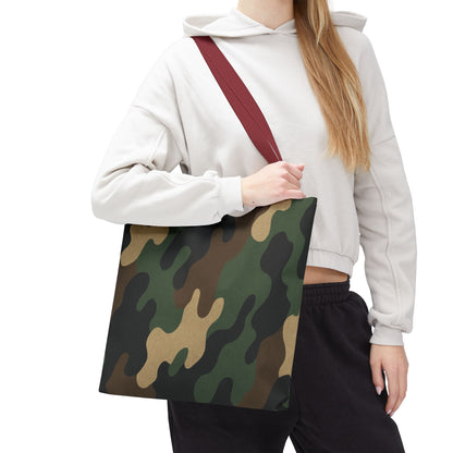 Camo pattern tote bag by Printify with all-over camouflage print, made of canvas, designed for carrying essentials comfortably.