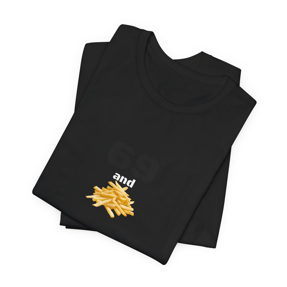 Unisex graphic T-shirt featuring a playful 69 and French fries design in black with colorful print, casual style, and modern fit.