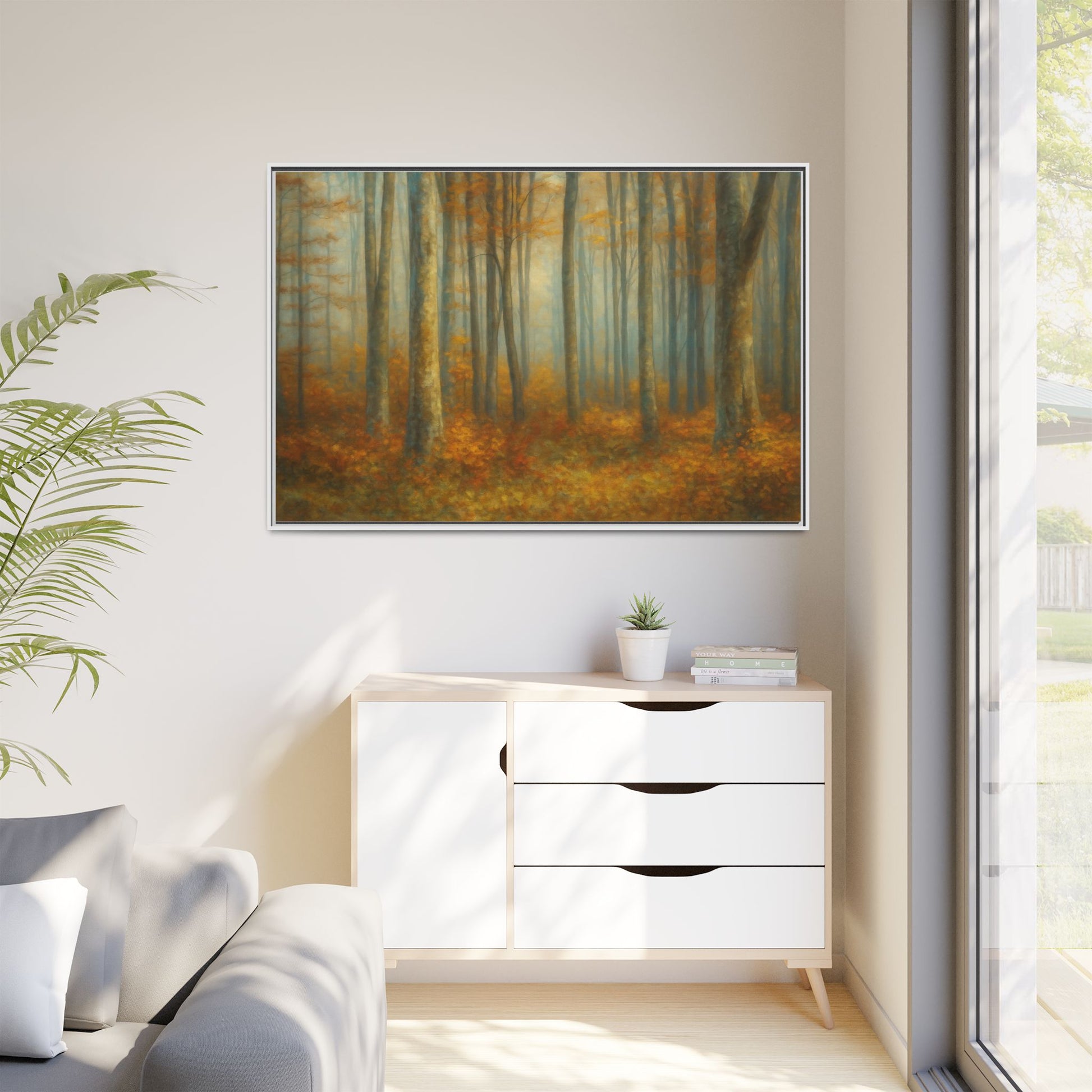 Framed autumn forest canvas print of misty woodland wall art by Printify showing a serene autumn forest scene.