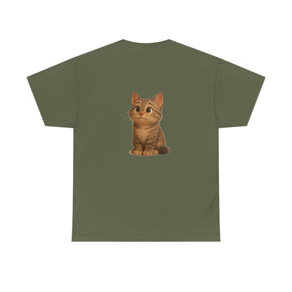 Brown kitten graphic T-shirt for cat lovers, featuring a cute feline design on a comfortable Printify tee.