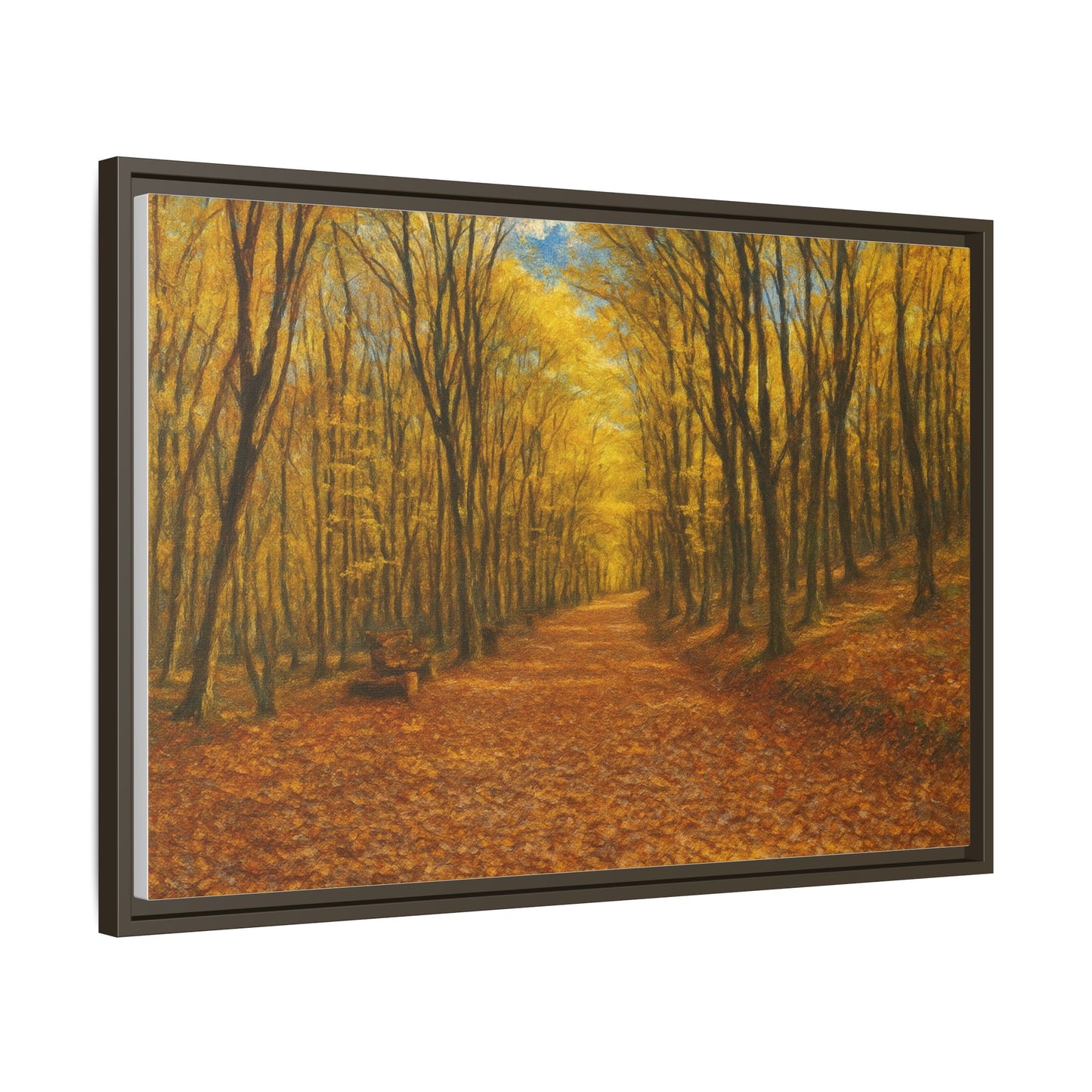 Autumn forest path matte canvas wall art with framed print, featuring vibrant fall trees and a serene woodland scene.