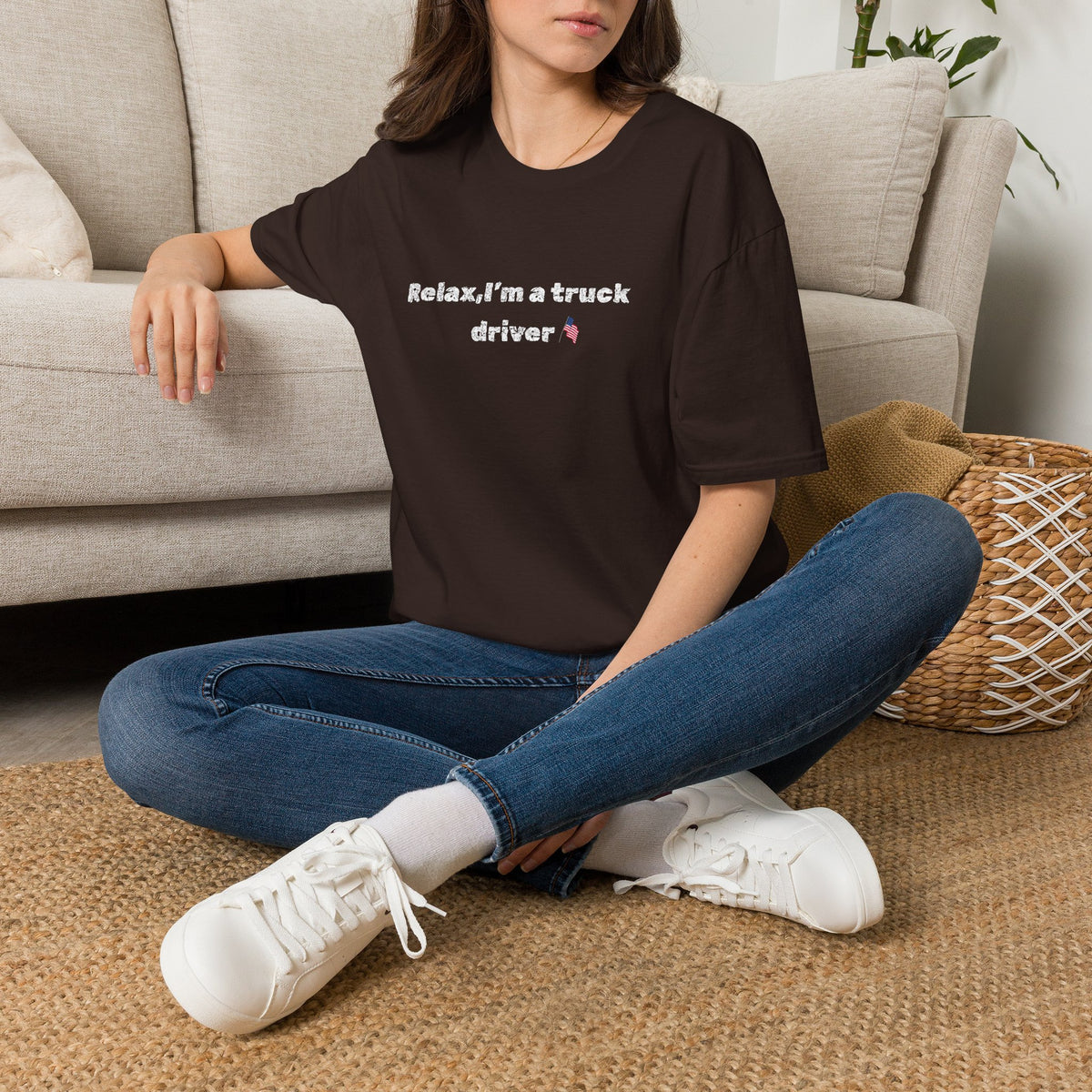 Pink heart graphic on a white Relax, I'm a Truck Driver T-Shirt with funny trucker slogan by Printify.