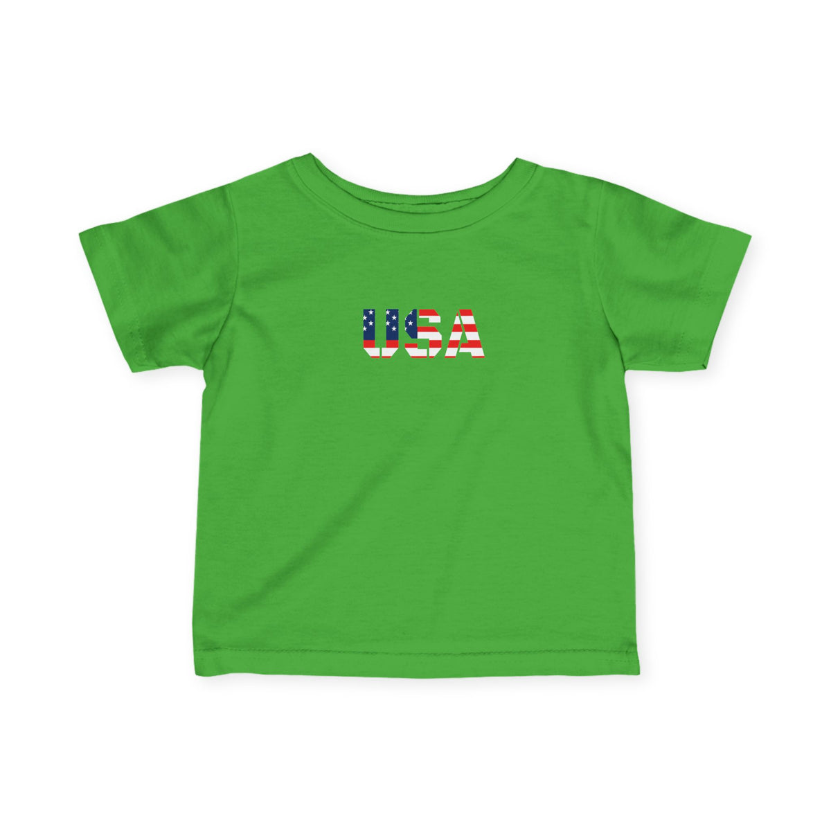Infant USA flag block print baby shirt from Printify, soft kids' clothing with patriotic flag design on a comfortable tee.